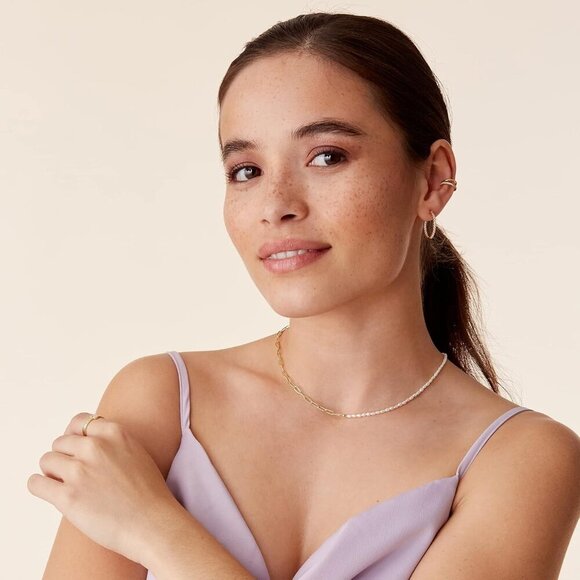 New Gold Plated Pearl Necklace for Women - Dainty Beaded Choker with Paperclip C - Picture 2 of 6